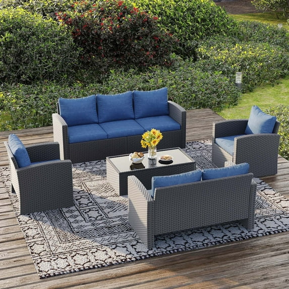 Royalcraft 8 Pieces Patio Furniture Set, All Weather PE Wicker Rattan Outdoor Sectional Sofa, Outdoor Sectional Sofa for Lawn Backyard Poolside Porch Garden, Blue