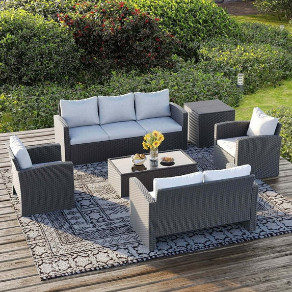 Royalcraft 9 Pieces Patio Furniture Set, All Weather Grey PE Wicker Rattan Outdoor Sectional Sofa with Coffee Table and Grey Cushion, Outdoor Furniture for Lawn Backyard Poolside Porch