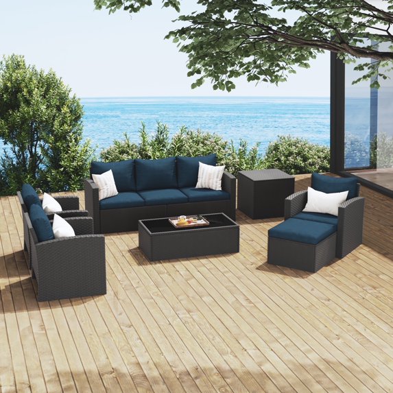 Royalcraft 9 Pieces Patio Furniture Set, All Weather PE Wicker Rattan Outdoor Sectional Sofa with Storage Box and Cushion, Outdoor Furniture for Lawn Backyard Poolside Porch
