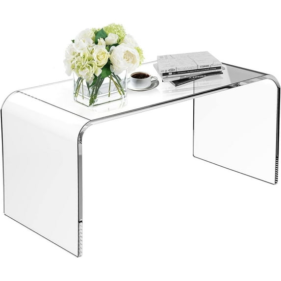 Royalcraft Acrylic Coffee Table with PVC Cover Protector, 32" L x 16" W x 16'' H Modern Waterfall Coffee Table for Living Room, Clear Rectangle Lucite Table with Round Edges