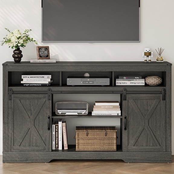 Mayincolor Farmhouse TV Stand, 34'' Tall Entertainment Center for TVs up to 65 Inches, Rustic Barn Door, Dark Grey