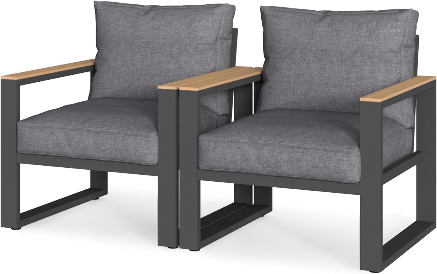 Grey Aluminum and Wood Grain Armrest Outdoor Armchair Set