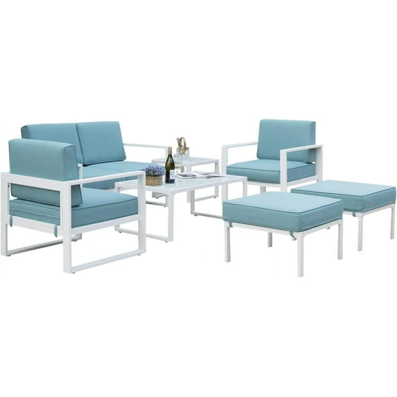 Royalcraft Aluminum Patio Furniture Set, 7 Pieces Modern Patio Conversation Sets with Coffee Table and Ottomans, Outdoor Sectional Sofa with Cushions for Balcony, Backyard, Porch, Lawn,White