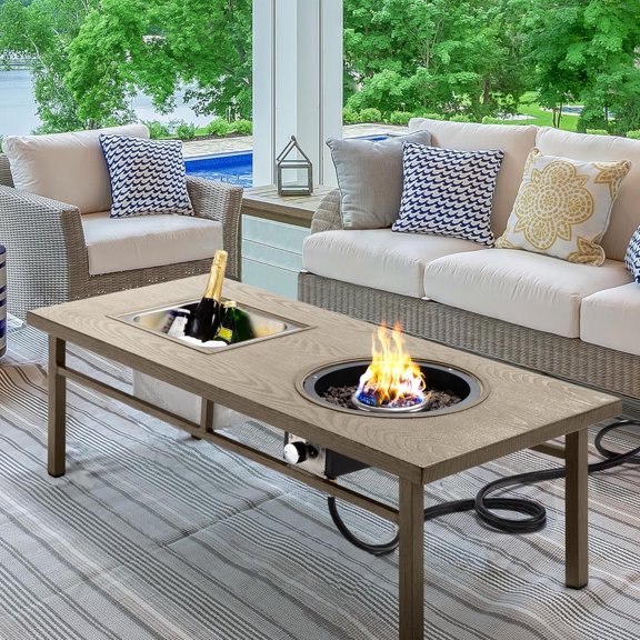 Royalcraft Aluminum Propane Fire Pit Table, 47" 50,000 BTU Multifunctional Fire Table with CSA Certification, 4.5 Gallons Ice Bucket, and Lava Rocks, 3-in-1 Coffee Table for Outdoor Patio, Khaki