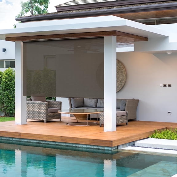 Royalcraft Cordless Outdoor Roller Sun Shade with Pole6'Wx8'H 420GSM 95% Blockout Waterproof Outdoor Blinds Roll Up for Gazebo Porch, Deck, Pergola,Brown