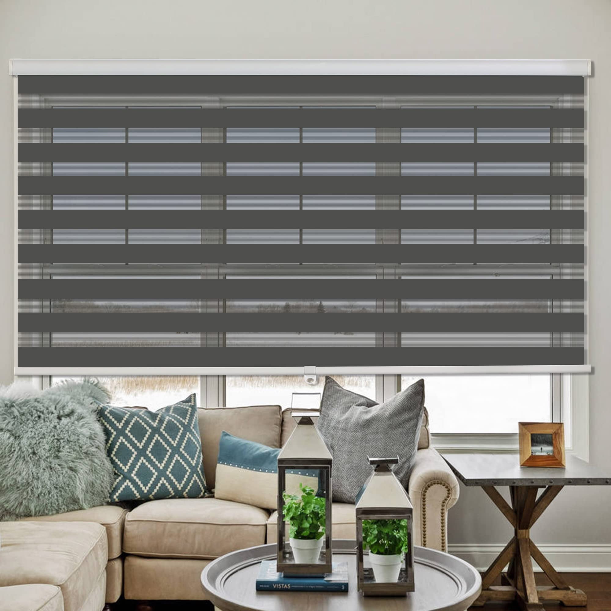 Royalcraft Cordless Zebra Blinds for Windows,72" W x 72" H Grey Dual Layer Zebra Roller Shades