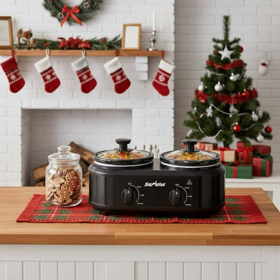 Sunvivi Double Slow Cooker Mini Buffet Server - Dual 2.5QT Pots, Stainless Steel, Black