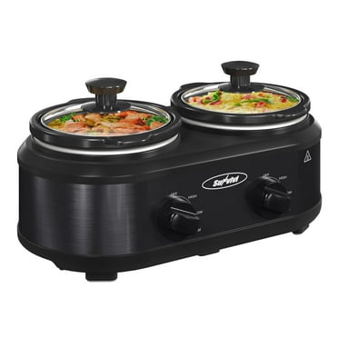 Sunvivi Double Slow Cooker,2 Pot Small Mini Crock Buffet Servers and Warmer,Dual Pot Oval Manual Slow Cooker with Adjustable Temp Removable Ceramic Pot,Stainless Steel, Total 2.5 Quarts Black