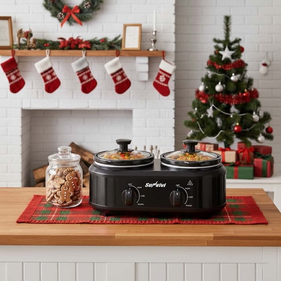 Sunvivi Double Slow Cooker Mini Buffet Server - Dual 2*1.25QT Pots, Stainless Steel, Black