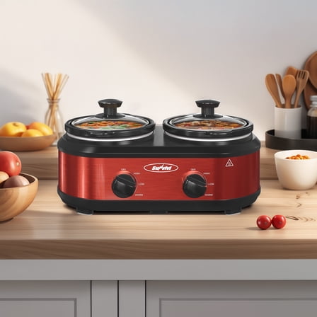 Sunvivi Double Slow Cooker,2 Pot Small Mini Crock Buffet Servers and Warmer,Dual Pot Oval Manual Slow Cooker with Adjustable Temp Removable Ceramic Pot,Stainless Steel, Total 2*1.25 Quarts Red