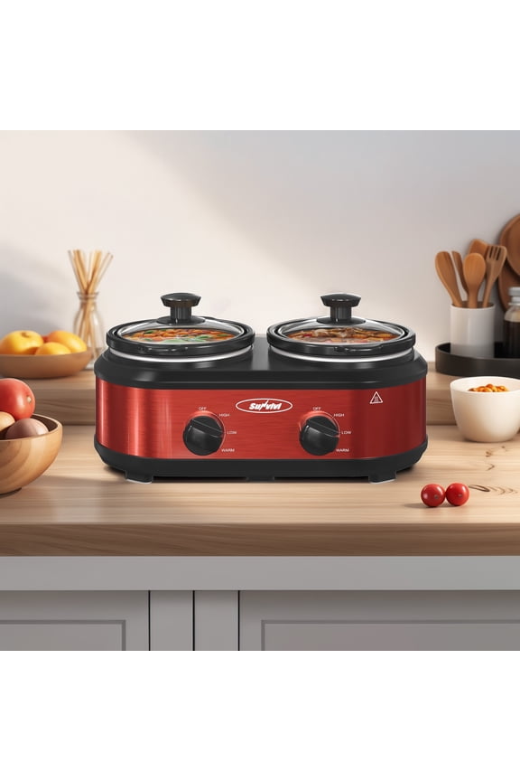 Double Slow Cooker,2 Pot Small Mini Crock Buffet Servers and Warmer,Dual Pot Oval Manual Slow Cooker with Adjustable Temp Removable Ceramic Pot,Stainless Steel, Total 2*1.25 Quarts Red