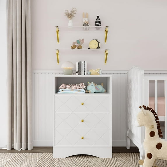 Royalcraft Dresser with Drawers & Floating Shelves, 3 Drawer Dresser with Open Storage & Painted Finish, Modern Storage Dresser for Bedroom, Closet, Hallway, White
