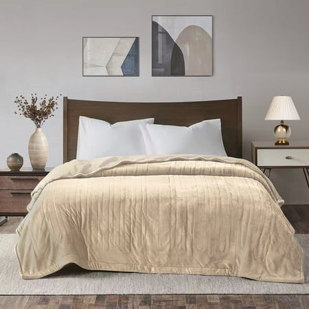 Royalcraft Electric Blanket King Size 90"x100" Flannel Heated Throw Blanket, Dual Controls Setting Electric Blanket, 10 Heating Levels, 12H Auto-off, Beige