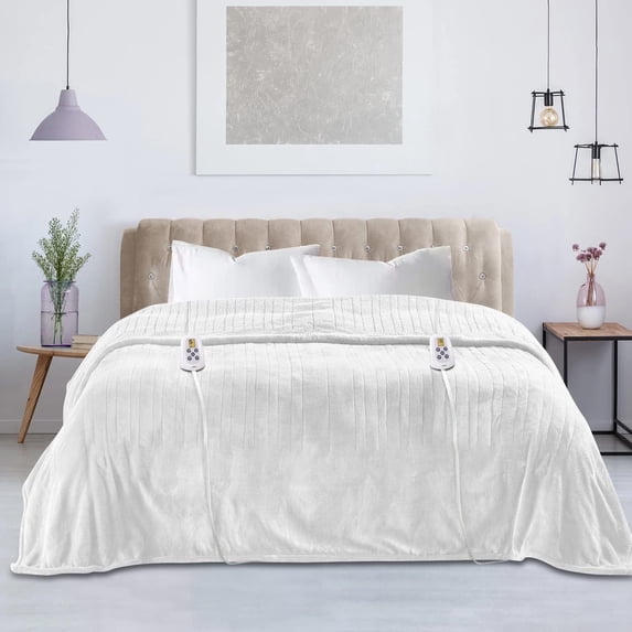 Royalcraft Electric Blanket Queen Size 84"x90" Flannel Heated Throw Blanket, Dual Controls Setting Electric Blanket, 10 Heating Levels, 12H Auto-off, 5 Years Warranty, Machine Washable - White