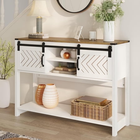 May in Color 46" Entryway Table with Storage, Farmhouse Console Table, for Hallway, Living Room,White and Rustic Oak