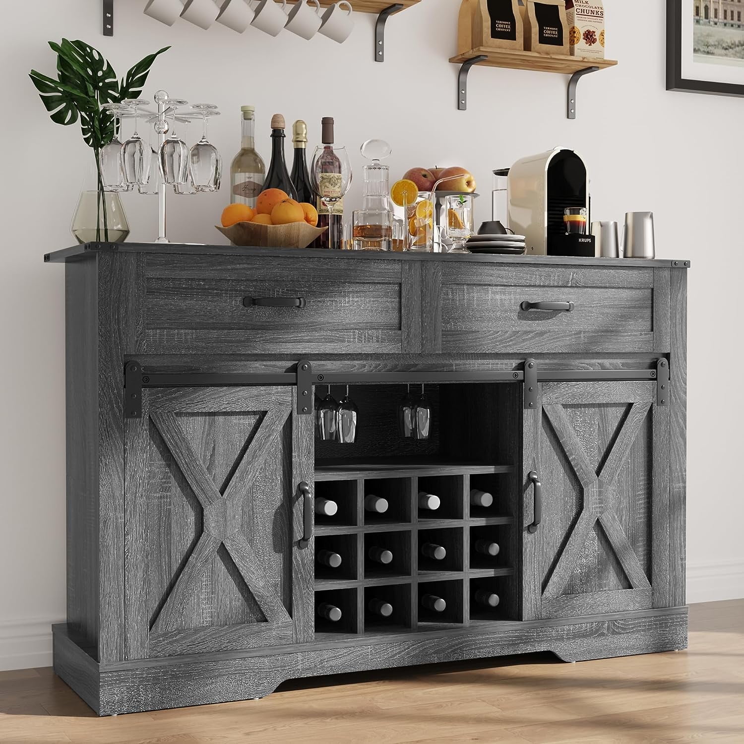 Royalcraft Farmhouse Coffee Bar Cabinet 52 Long Wine Cabinet with Sliding Barn Door Adjustable Shelves and Steam Holder Buffet Sideboard Cabinet for