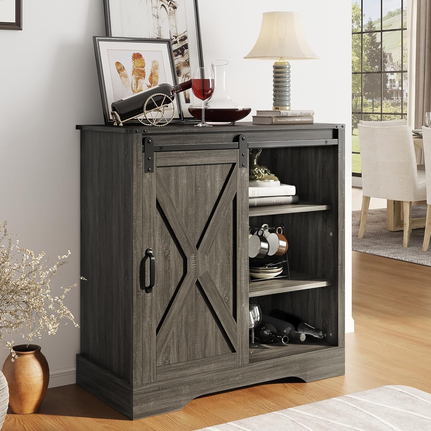 Royalcraft Farmhouse Coffee Bar Cabinet with Storage 33 H Sideboard Buffet Cabinet with Sliding Bar Door Wooden Rustic Accent Cabinet Table for