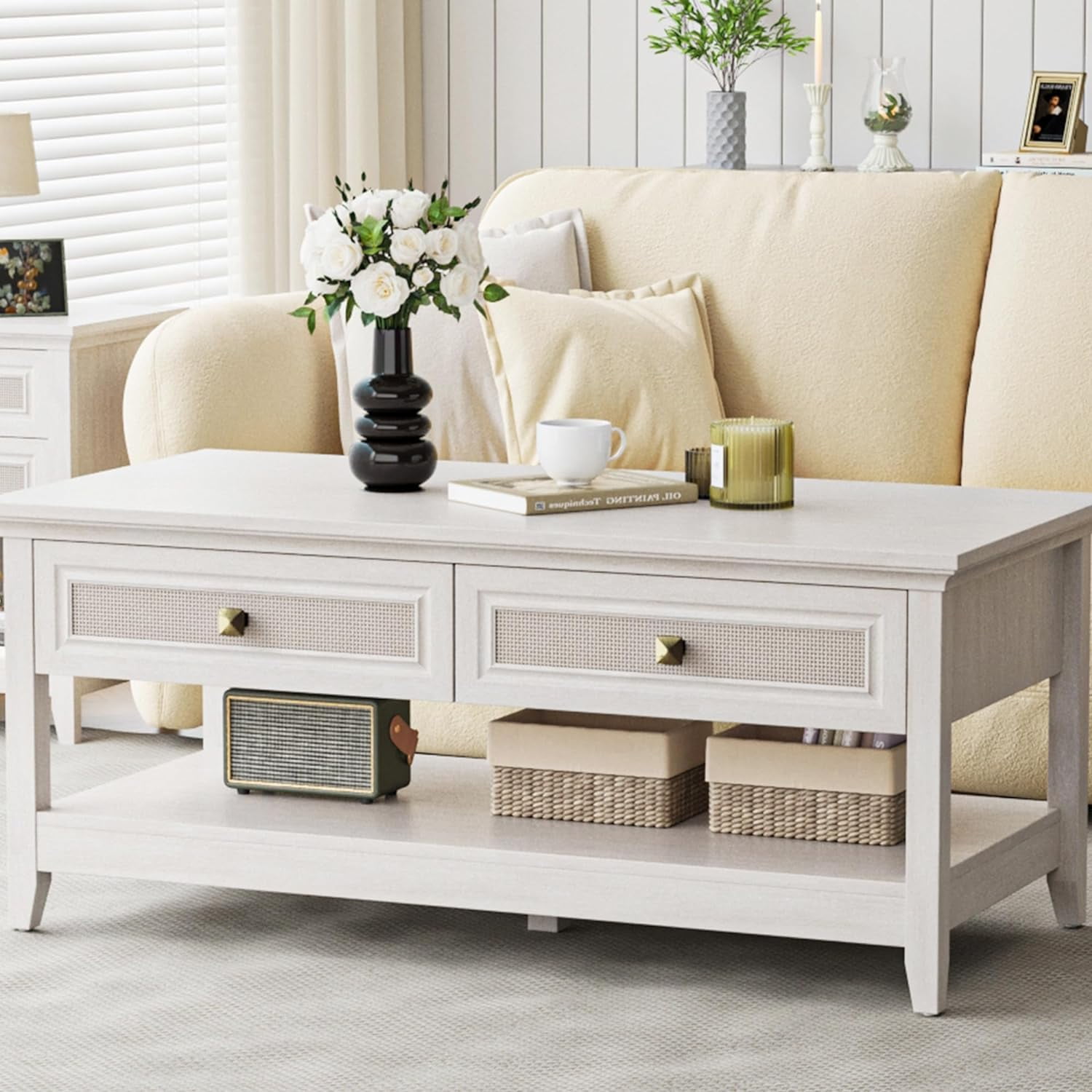 Grayish White MDF Coffee Table with Rattan Drawers and Storage Shelf