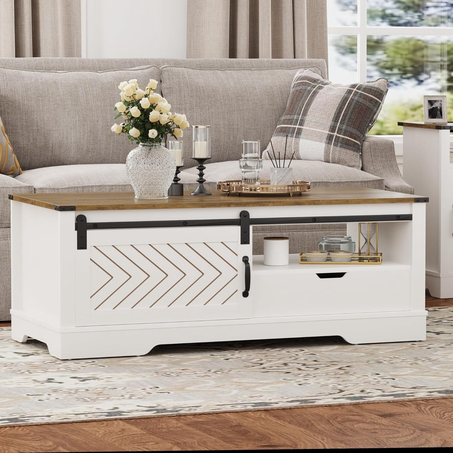 Royalcraft Farmhouse Coffee Table, Storage, Sliding Barn Door, 48 ...