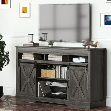 Mayincolor Farmhouse TV Stand for 65  inch TV, 34'' Tall Entertainment Center with Sliding Barn Doors, Rustic Wood Media Console Storage Cabinet Television Stand for Living Room, Bedroom (Dark Grey)