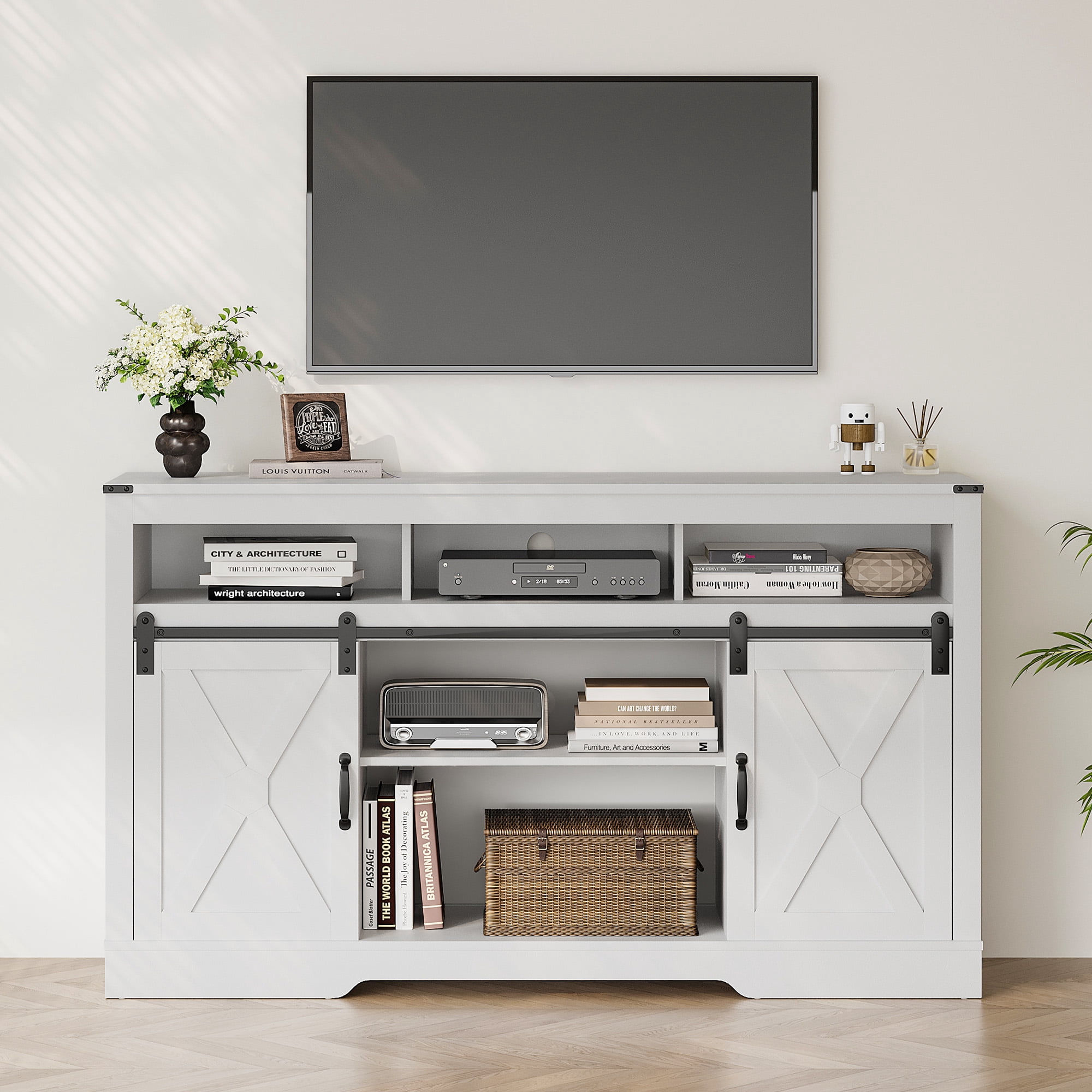 Mayincolor Rustic Wood TV Stand for 65+ Inch TVs, Entertainment Center with Sliding Barn Doors, White