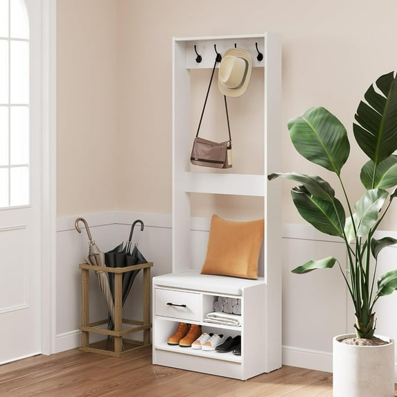Royalcraft Hall Tree with Bench, Entryway Bench with Coat Rack, Shoe Storage, Soft Cushion, Wood Entryway Furniture, White