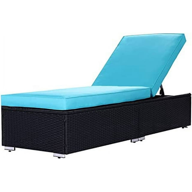 Royalcraft Outdoor Chaise Lounge Chair, Black Wicker Rattan Adjustable Patio Lounge Chair, Steel Frame with Removable Blue Cushions, for Poolside, Deck and Backyard