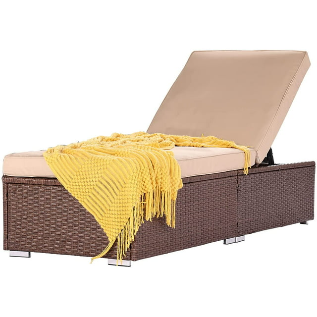 Royalcraft Outdoor Chaise Lounge Chair, Brown Wicker Rattan Adjustable Patio Lounge Chair, Steel Frame with Removable Beige Cushions, for Poolside, Deck and Backyard