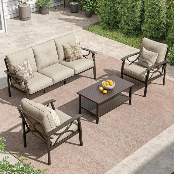 May in color Outdoor Patio Furniture Set, 4 Piece Patio Conversation Set with Coffee Table, Metal Furniture Set for Porch Backyard Garden, Coffee