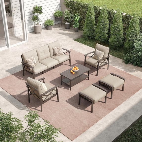May in color Outdoor Patio Furniture Set, 6 Piece Patio Conversation Set with Coffee Table and Ottomans, Metal Furniture Set for Porch Backyard Garden, Coffee