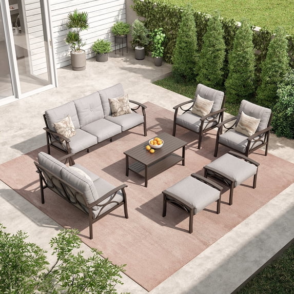 Royalcraft Outdoor Patio Furniture Set, 7 Piece Patio Conversation Set with Coffee Table and Ottomans, Metal Furniture Set for Porch Backyard Garden, Grey