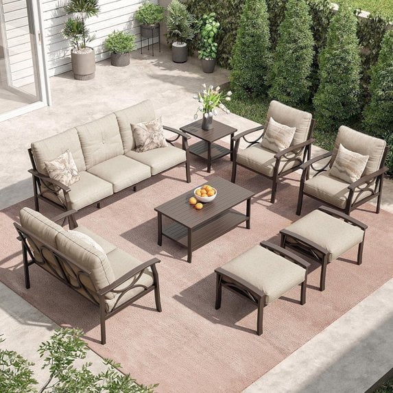 May in color Outdoor Patio Furniture Set, 8 Piece Patio Conversation Set with Coffee Table Side Table and Ottomans, Metal Furniture Set for Porch Backyard Garden, Coffee