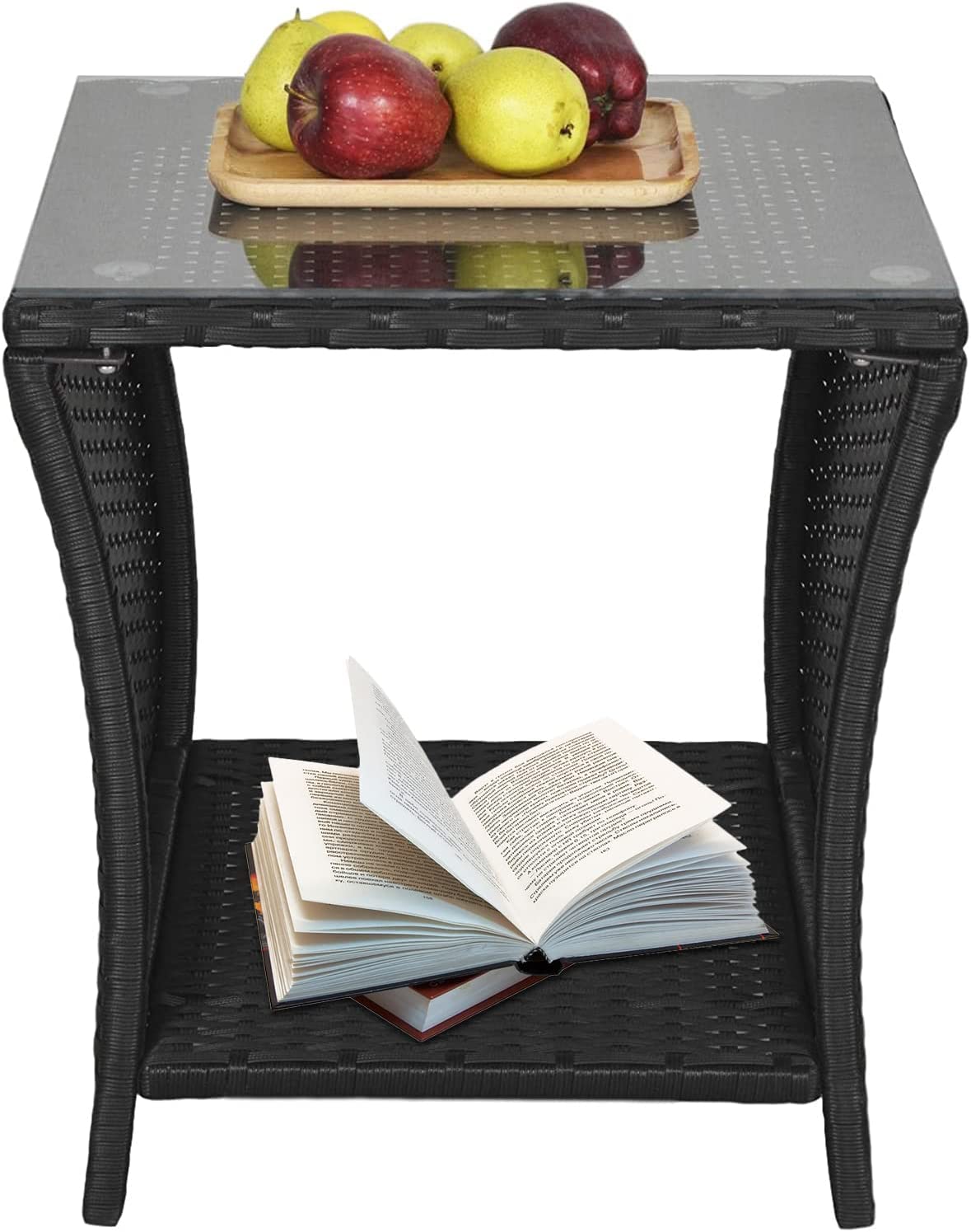 Royalcraft Outdoor Wicker Side Table, Porch Square Patio Side Coffee Tables All Weather Resistant Outside End Table with Glass Top and Storage, Black - image 1 of 7