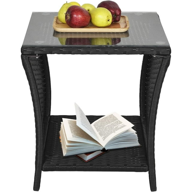 Royalcraft Outdoor Wicker Side Table, Porch Square Patio Side Coffee Tables All Weather Resistant Outside End Table with Glass Top and Storage, Black