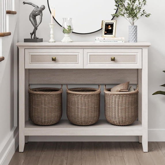 May in Color Rattan Console Table, Boho Farmhouse Entryway Table with Storage Shelf, for Living Room, Hallway, Entryway, Grayish White