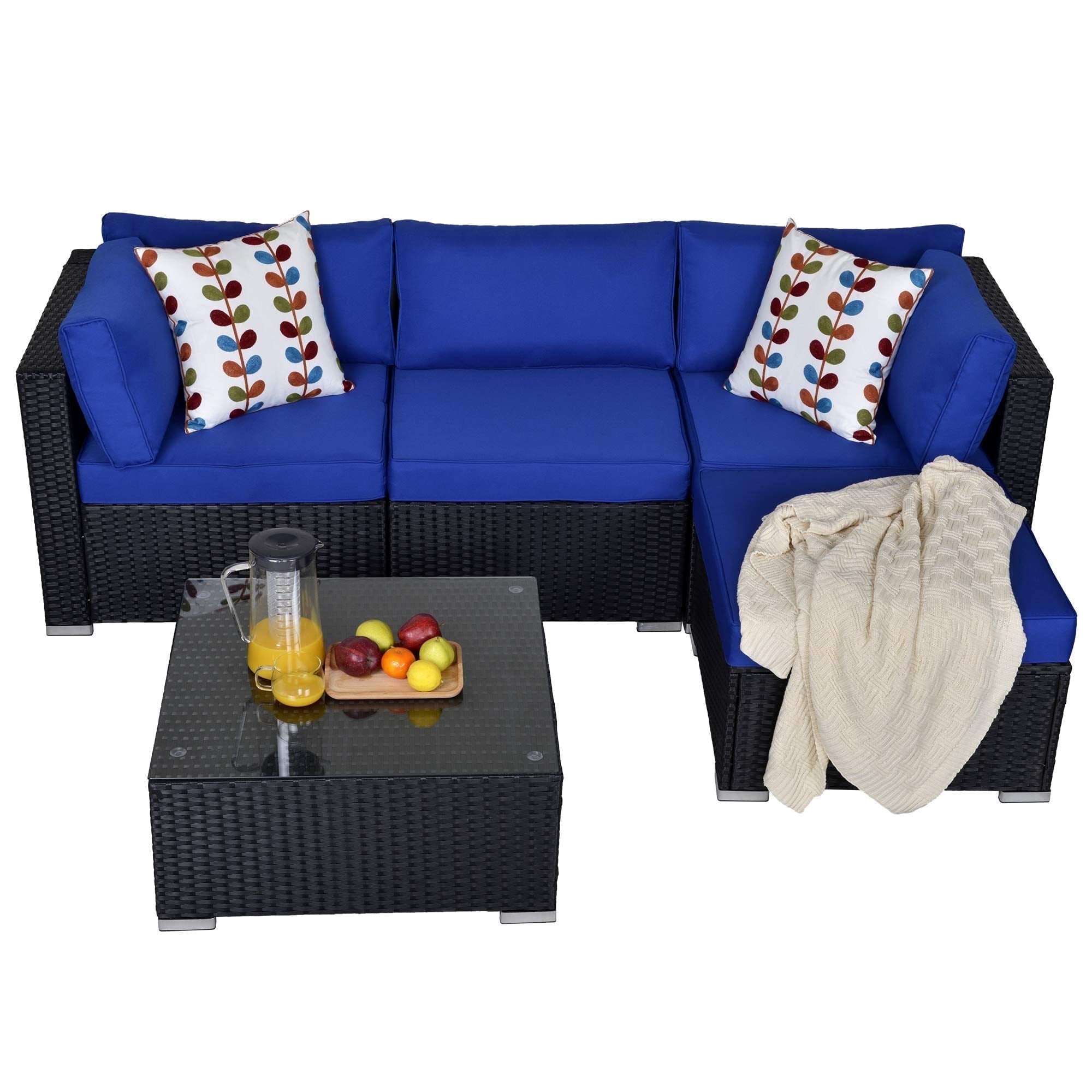 Royalcraft Rattan Patio Sofa Set, 5 Pieces Outdoor Sectional Furniture Set, All-Weather PE Wicker Patio Conversation Set, Outdoor Couch Sofa Set with Glass Table & Dark Blue Cushions