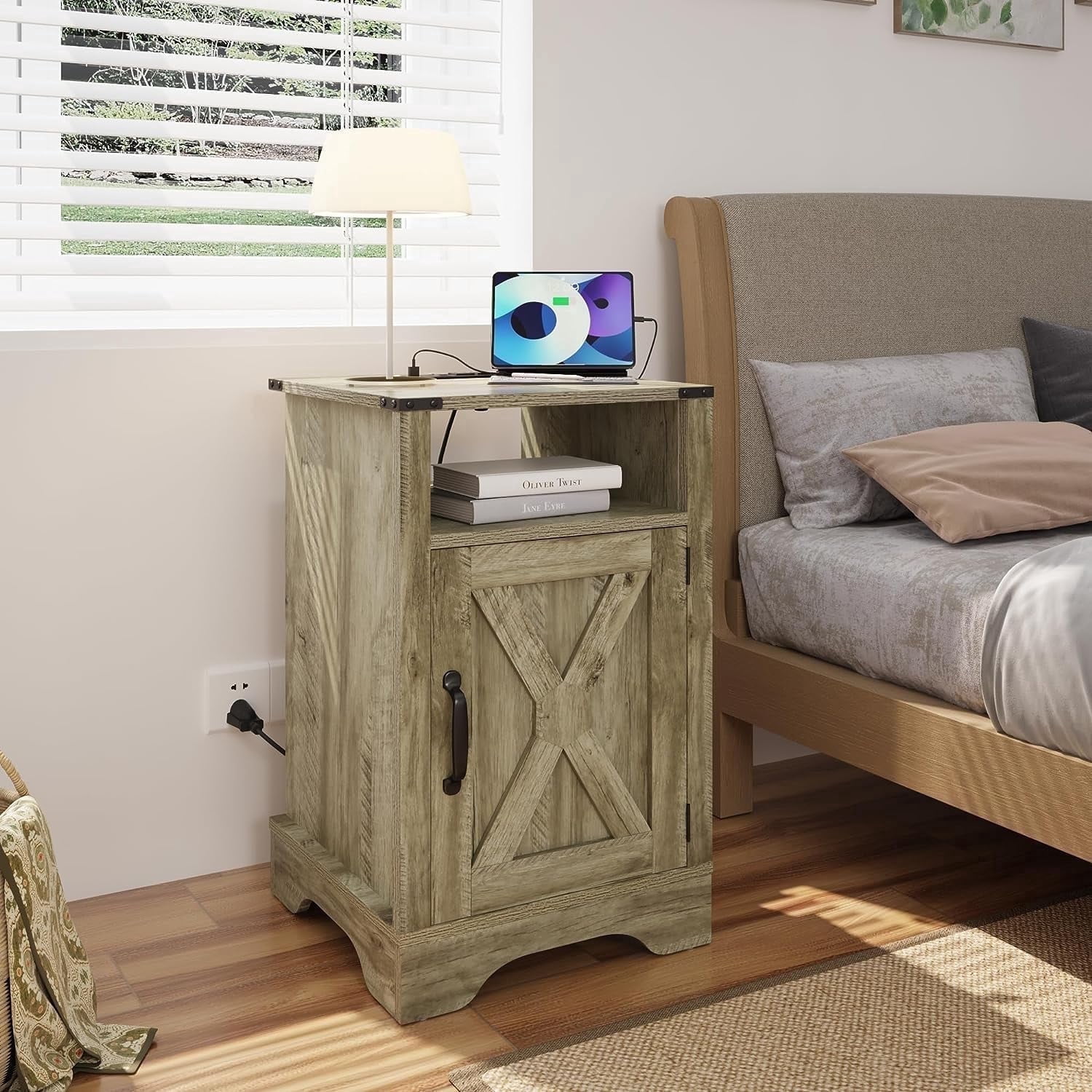 Mayincolor Rustic Charging Station Wood Nightstand End Table, Light Grey