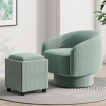 Royalcraft Swivel Accent Chair with Storage Ottoman, 360 Degree Swivel Barrel Chair with Footrest, Green Velvet Upholstered Chair, Modern Swivel Round Chair for Living Room, Bedroom, Office