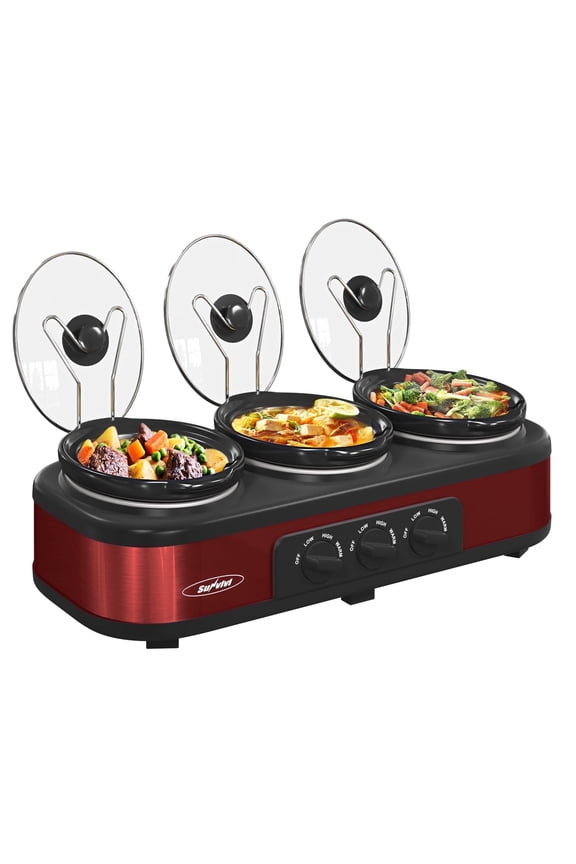 Triple Slow Cooker,3 Pot Food Small Mini Manual Slow Cooker with Adjustable Temp ,Removable Ceramic Pot,4.5 QT Red