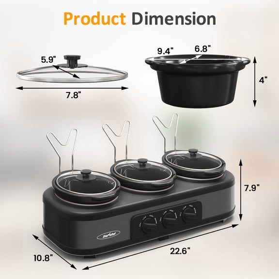 Sunvivi Triple Slow Cooker with 3 Spoons, Total 4.5 Quart, Stainless Steel