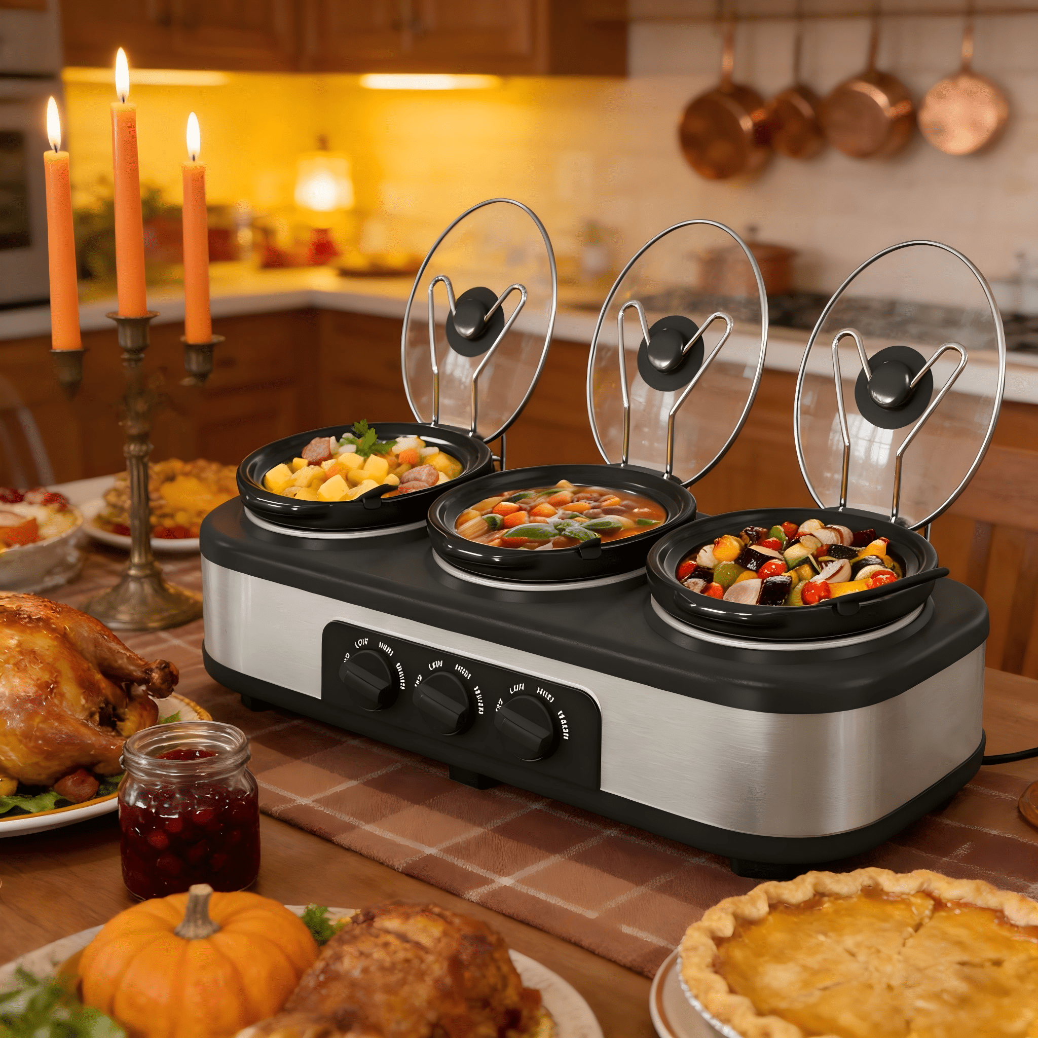 3 Pot Slow Cooker Set, Triple Slow Cooker with 3×1.5QT Removable Ceramic Crocks, 4.5QT Total, Adjustable Temperature for Family Dinner & Party,SL