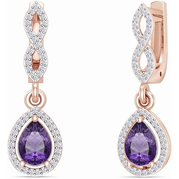 Royale Collections 1.15 Ctw Pear Cut Purple Amethyst Engagement Drop Earrings 14K Rose Gold Plated 925 Sterling Silver