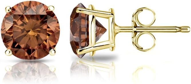 Royale Collections 1.20 Ctw Round Cut Brown Diamond Womens Push Back Stud Earrings 14K Yellow Gold Plated 925 Sterling Silver