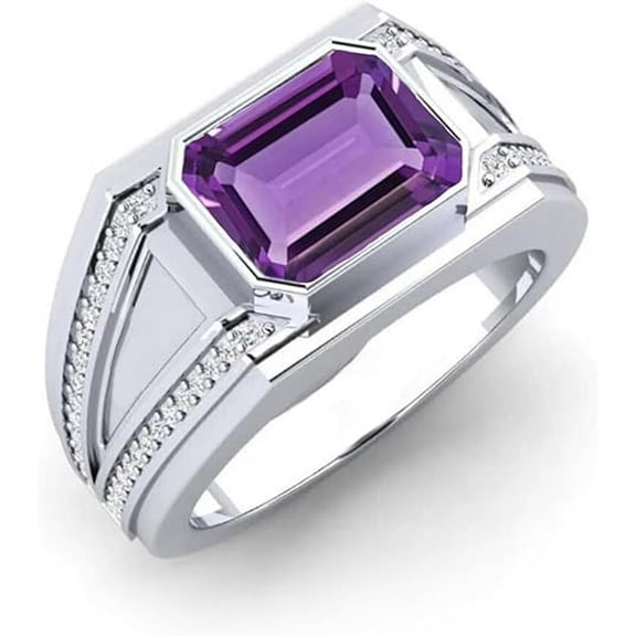 Royale Collections 1.45 Ct Emerlad Cut Purple Amethyst Mens Enagagement Rings 14K White Gold Plated 925 Sterling Silver -10