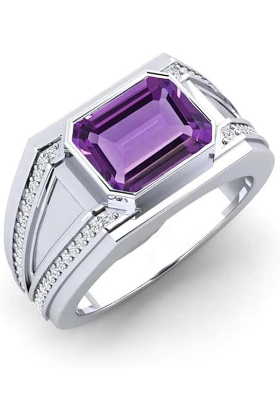 1.45 Ct Emerlad Cut Purple Amethyst Mens Enagagement Rings 14K White Gold Plated 925 Sterling Silver -5.5
