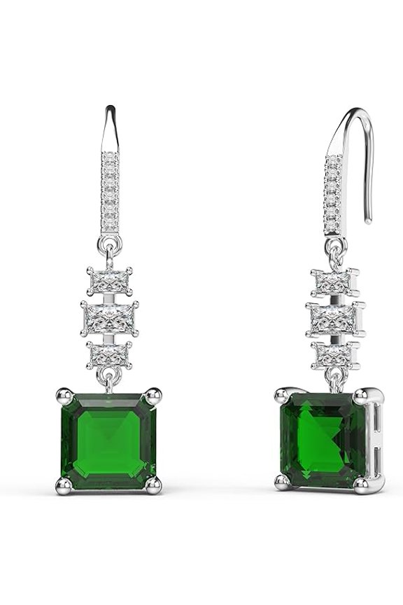 14K White Gold Plated 2.10 Ctw Asscher Cut Green Emerald Womens Drop Dangle Earrings
