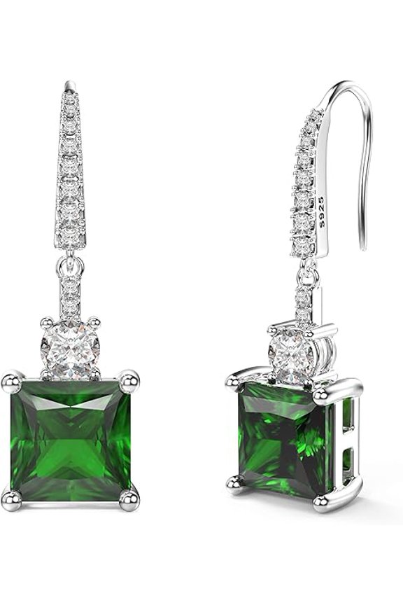 14K White Gold Plated 2.10 Ctw Princess Cut Green Emerald Womens Drop Dangle Earrings