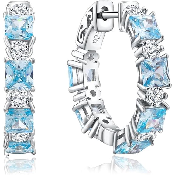 Royale Collections 2.00 Ctw Princess Cut Aquamarine Women Hoop Earrings 14K White Gold Finish