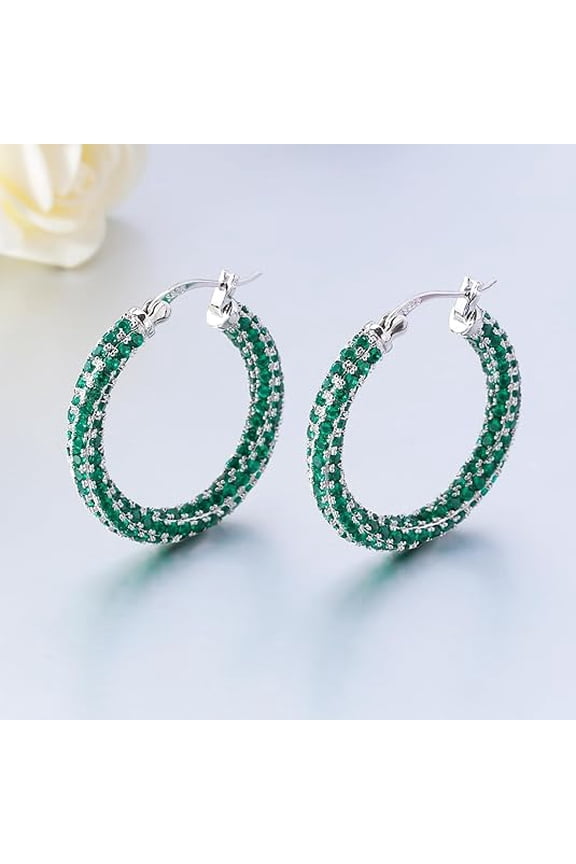 2.00 Ctw Round Cut Green Emerald Women Hoop Earrings 14K White Gold Finish