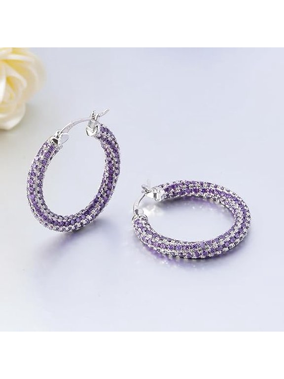 2.00 Ctw Round Cut Purple Amethyst Women Hoop Earrings 14K White Gold Finish